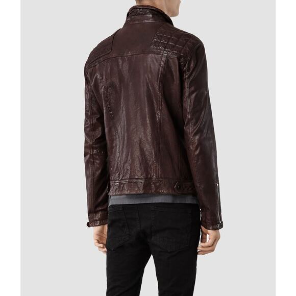 All Saints Conroy Crinkled Quilted Shoulder Leather Biker Jacket Oxblood Size M - Picture 11 of 11